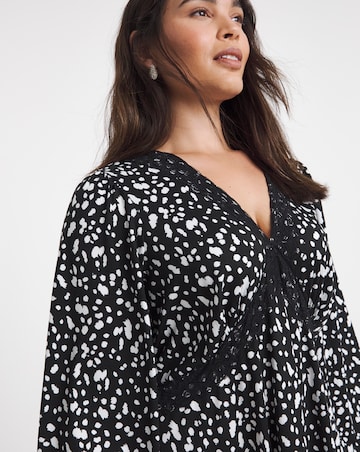 Black Print Supersoft Lace Trim Midi Dress