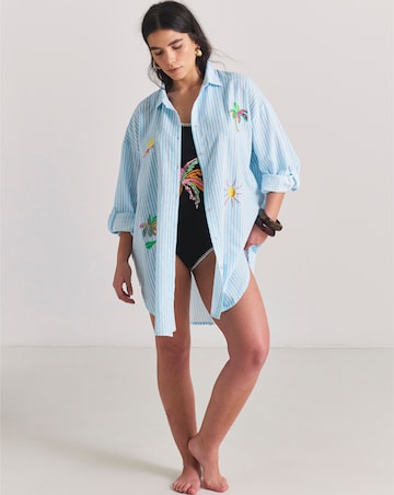 Embroidered Button Up Stripe Beach Shirt