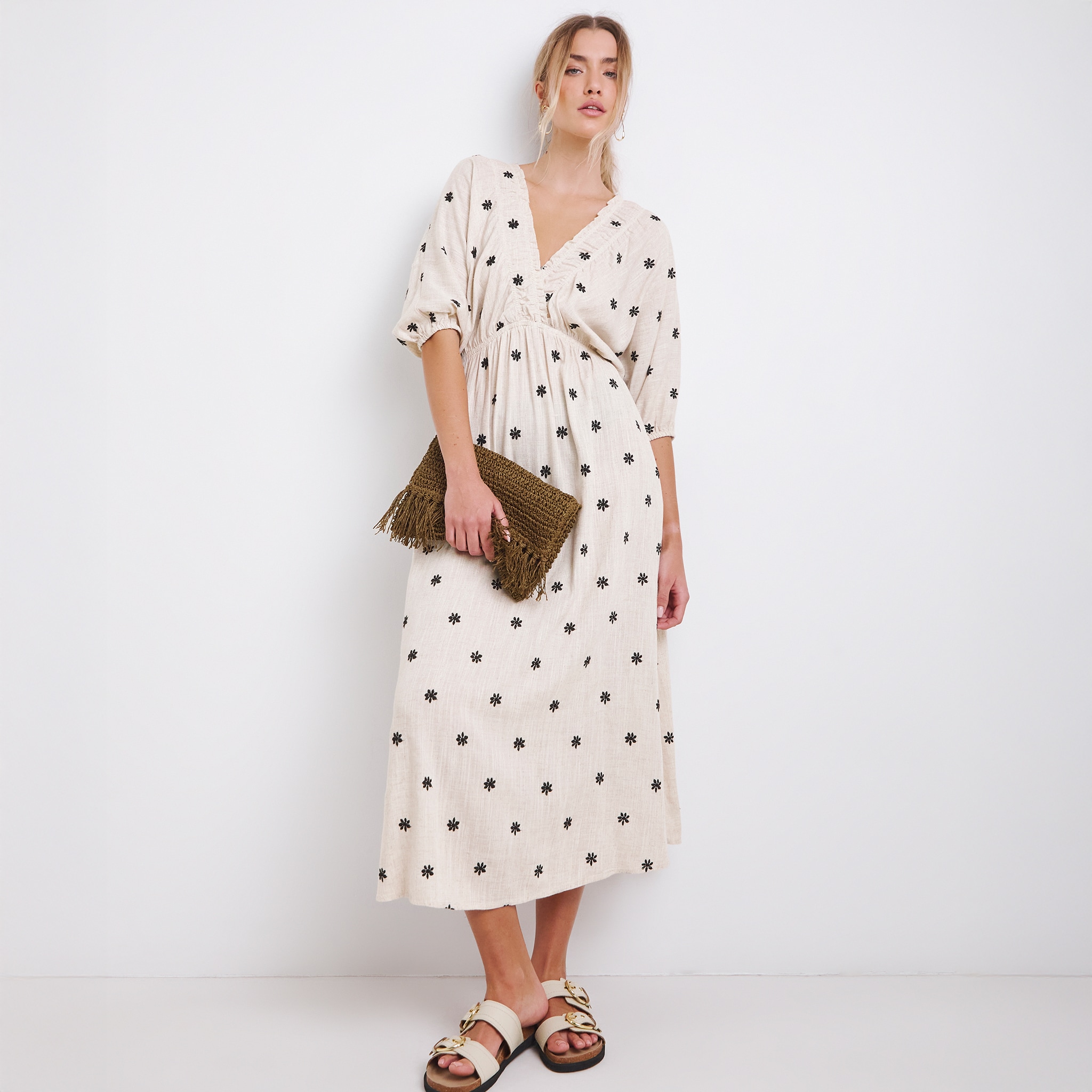 Off-white linen pattern dress