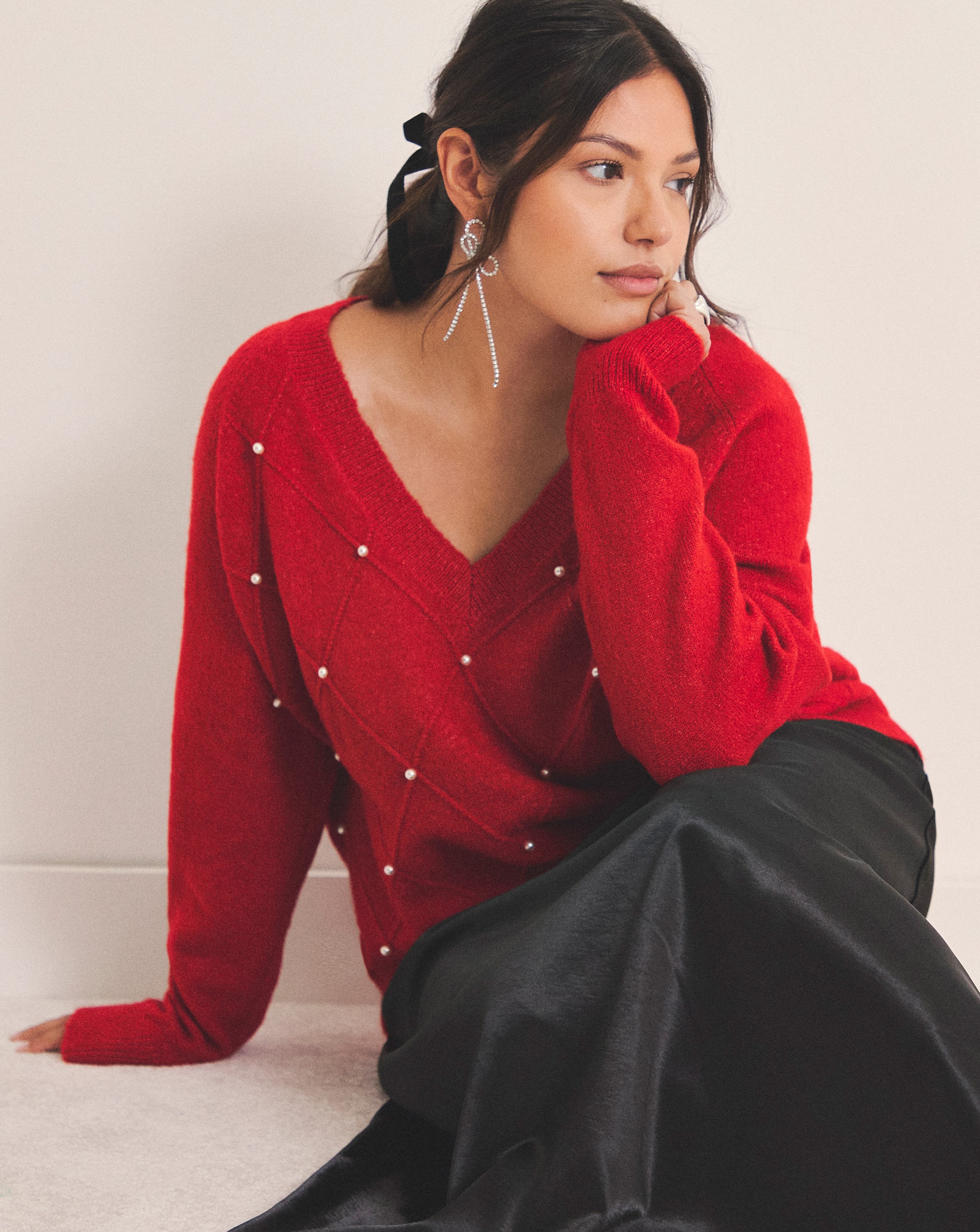 Model Wearing Red V-Neck Pearl Cable Knit Jumper