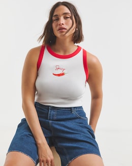 Simply Be White &amp; Red Chilli Embroidered Tank