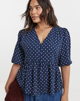 Navy Spot Button Through Peplum Blouse