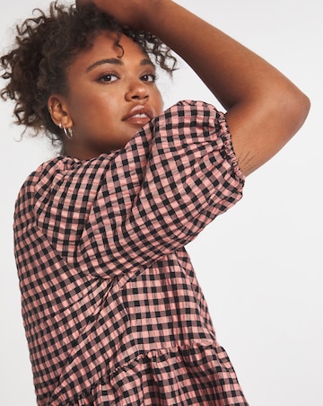 Pink Textured Check V Neck Smock Top