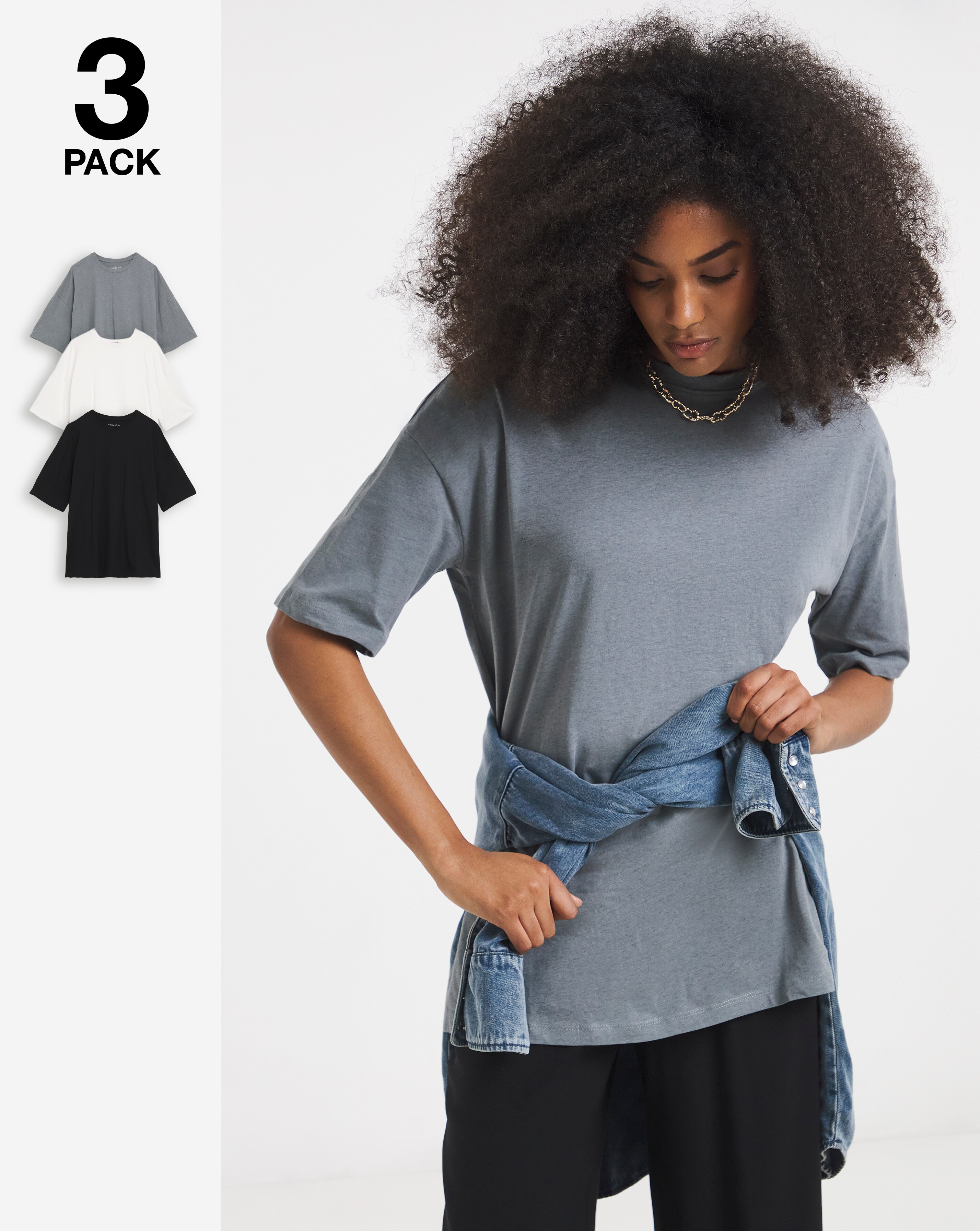 Black, White & Grey 3 Pack Pure Cotton Boyfriend T-Shirt