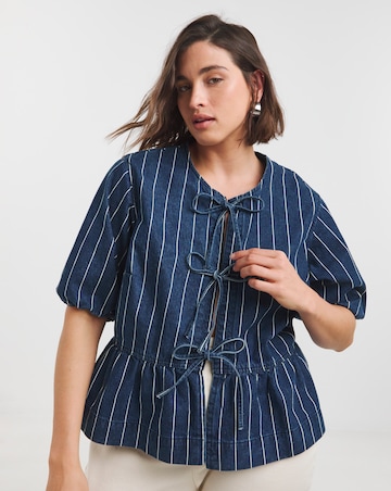Simply Be Striped Blue Tie Front Denim Peplum Blouse