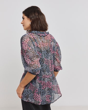 Black Floral V Neck Chiffon Peplum Blouse with Frills