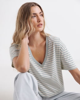 Simply Be Sage &amp; Ecru Oversized Slouchy V Neck T-Shirt