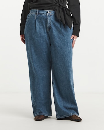 Mid Blue Pleat Detail Wide Leg Jeans