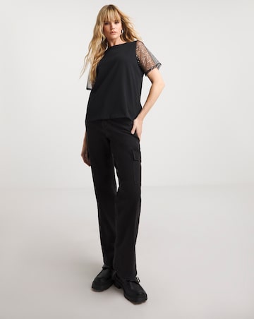Black Foil Print Mesh Sleeve Tee