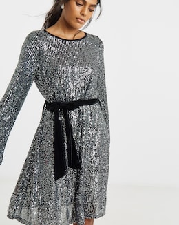 Simply Be Silver Sequin Skater Dress With Contrast Belt