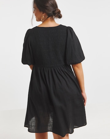 Black Linen Blend Shirred Skater Dress