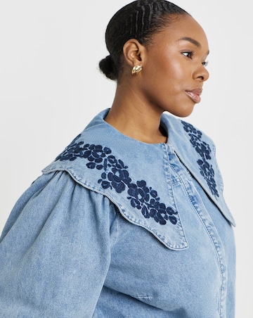 Mid Wash Puff Sleeve Denim Blouse with Embroidered Collar