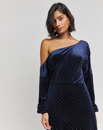 Navy Velour Hotfix Draped Midaxi Dress