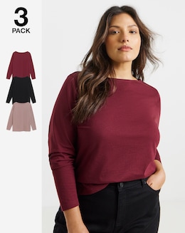 Black, Mocha &amp; Burgundy 3 Pack Slash Neck Tops