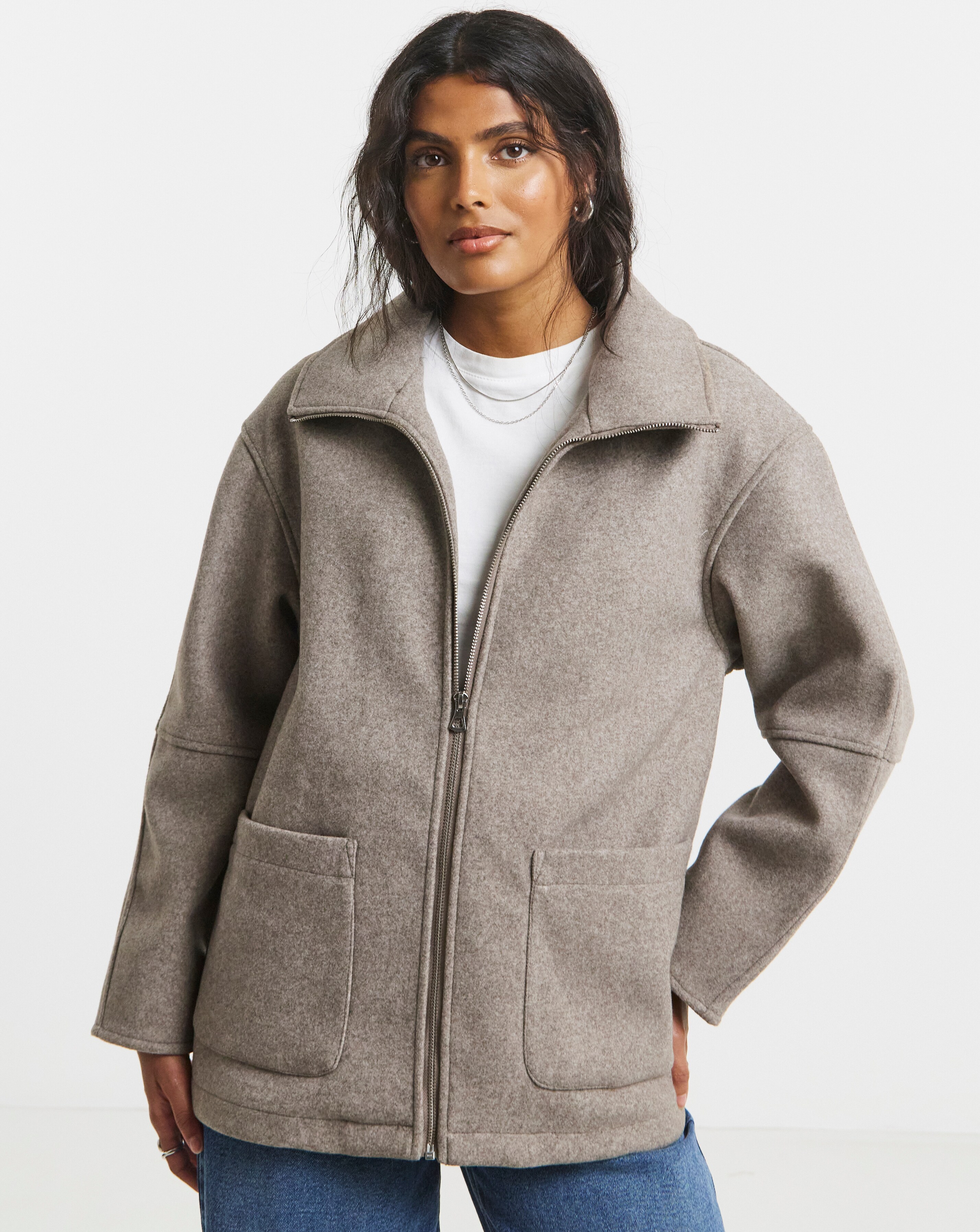 Neutral Zip Through Wool Look Jacket | Simply Be