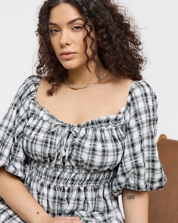 Mono Gingham Midi Dress With Shirred Bodice