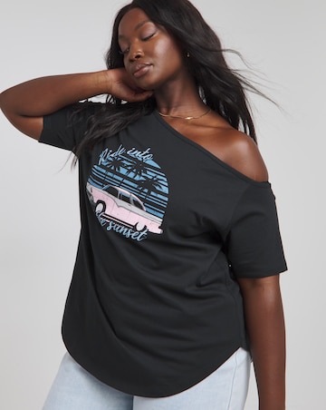 Black Off The Shoulder Slouchy Slogan T-Shirt