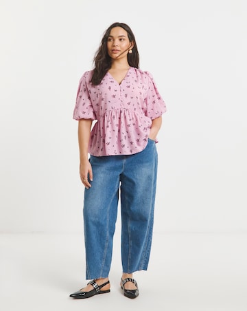 Simply Be Pink Printed Button Through Peplum Blouse