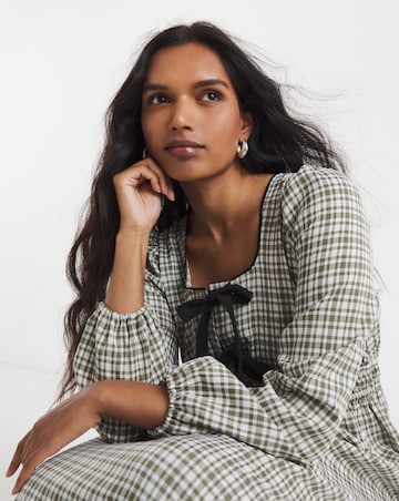 Khaki Check Bow Front Detail Midaxi Dress
