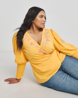 Ochre Floral Embroidered Wrap Top with Shirred Cuffs