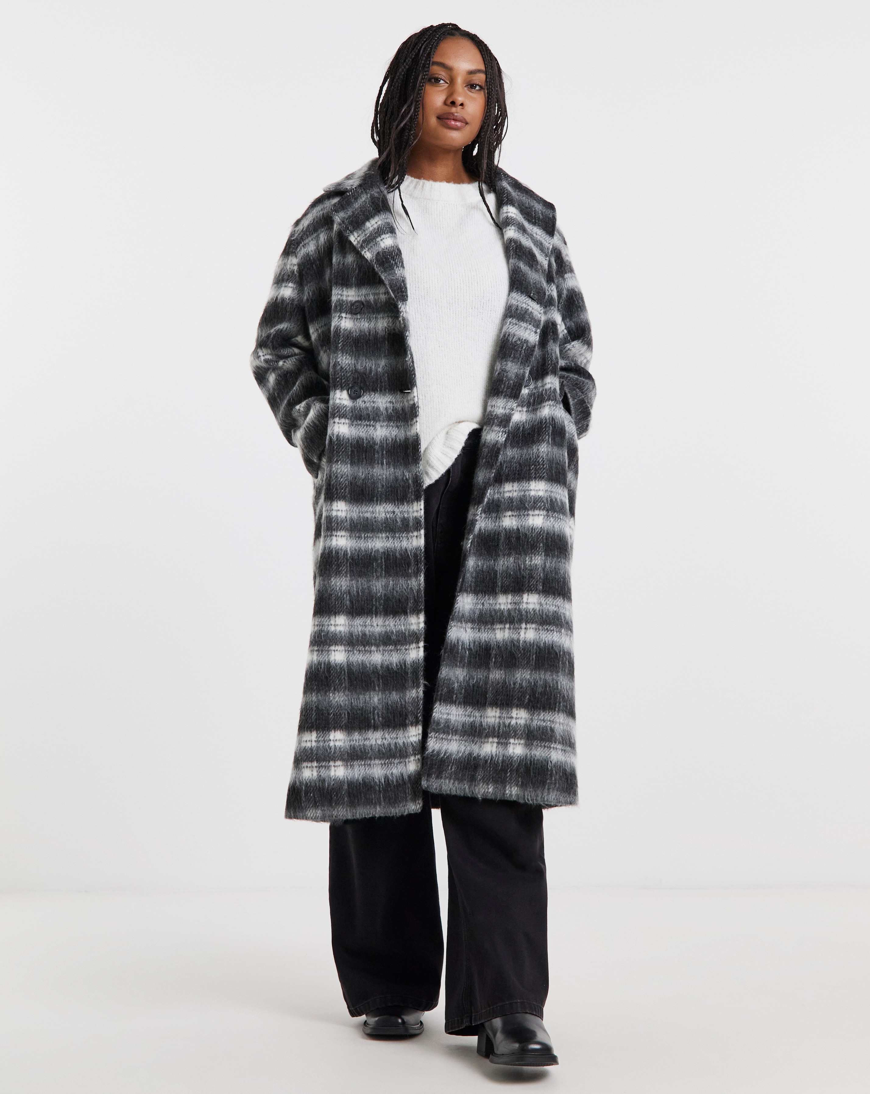 Black Check Maxi Faux Wool Coat | Simply Be