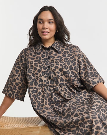 Leopard Printed Shirt Dress With Pockets