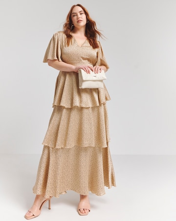 Flounce London Camel Black Spot Satin Tiered Maxi Dress