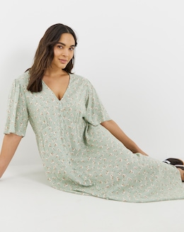 Sage Ditsy Print Spun Viscose Button Up Midi Dress