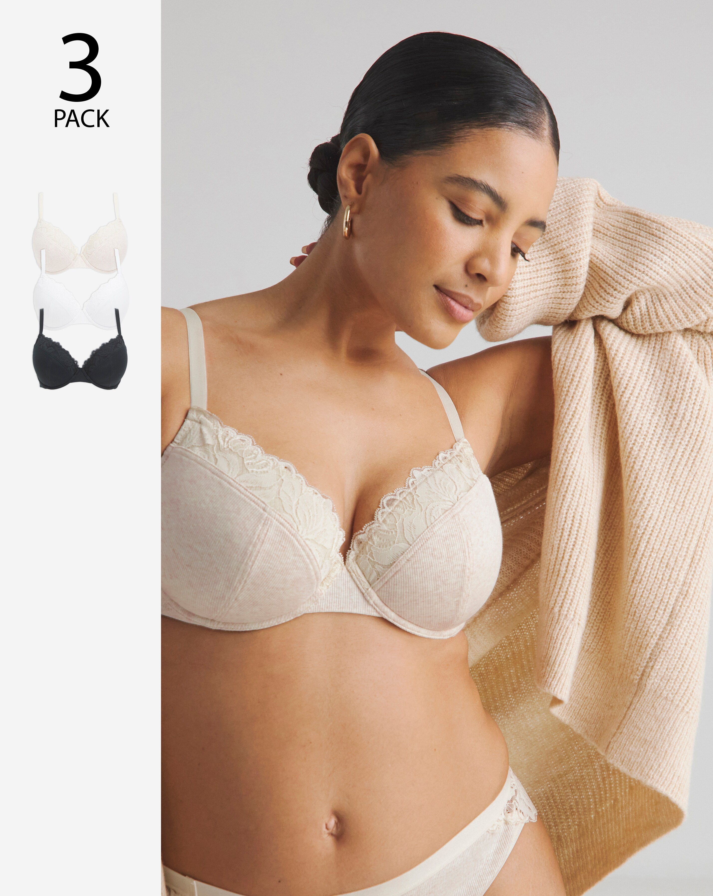 Pretty Secrets (3 Pack) Harper Lace Ribbed Plunge T-Shirt Bras (B-F)