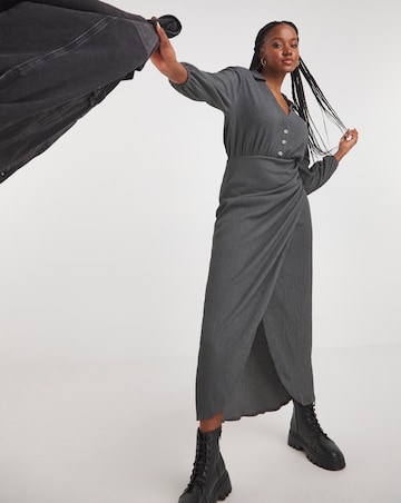 Charcoal Textured Jersey Wrap Front Midi Shirt Dress