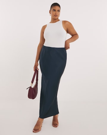 Navy Stretch Satin Maxi Skirt