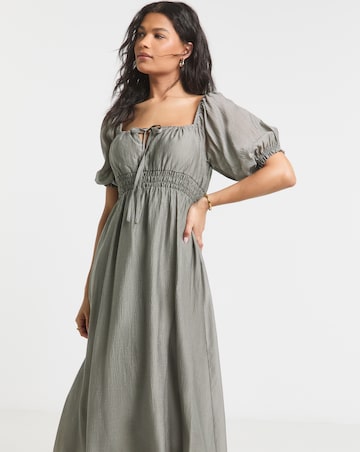 Sage Shirred Milkmaid Midi Dress