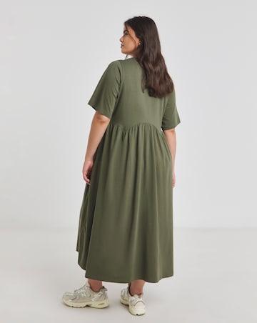 Khaki Jersey Smock Midi Dress With Pockets