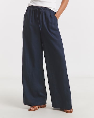 Simply Be Navy Tie Waist Linen Mix Wide Leg Trousers