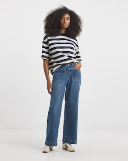 Mid Wash Front Pocket Detail Slim Wide Jeans