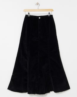 Black Cord Fit and Flare Denim Maxi Skirt