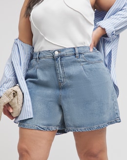 Simply Be Mid Wash Pleat Flippy Short made with Tencel TM Lyocell