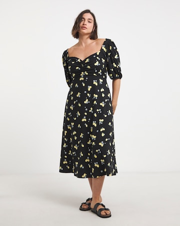 Black Print Supersoft Sweetheart Neck Midi Dress