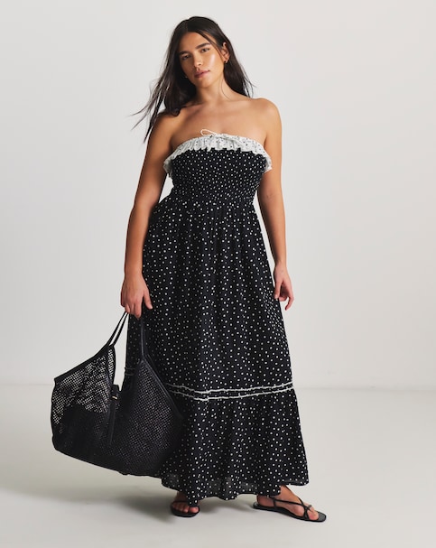 Figleaves Cotton Tiered Maxi Bandeau Spot Print Beach Dress