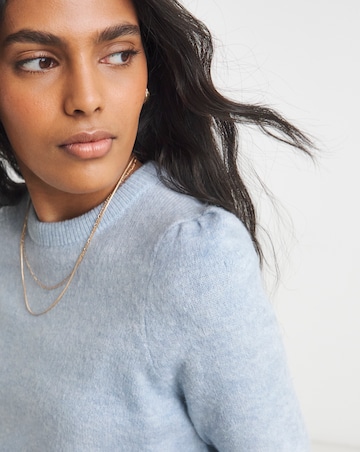 Blue Puff Sleeve Knitted T-Shirt