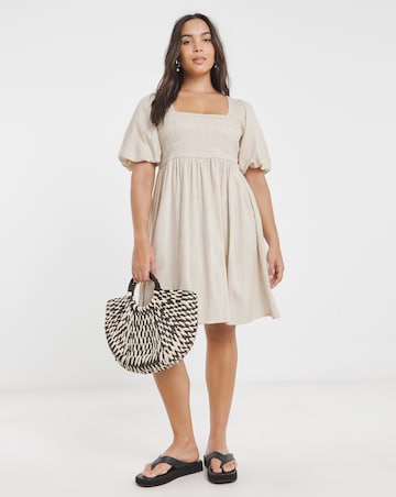 Natural Shirred Linen Blend Skater Dress