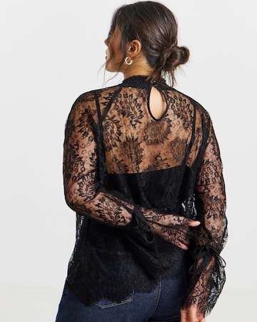 Black Eyelash Lace Top With Sleeve Detail