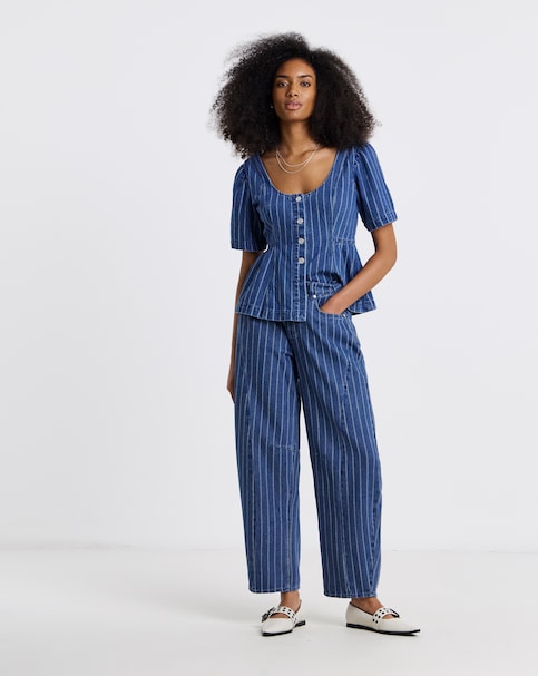 Simply Be Dark Blue Jacquard Stripe Barrel Leg Jean Co Ord