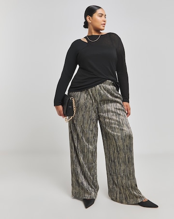 Gold Metallic Pleated Wide Leg Trousers