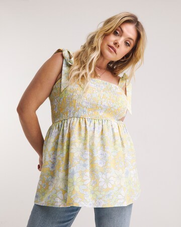 Floral Print Shirred Linen Peplum Top with Tie Straps
