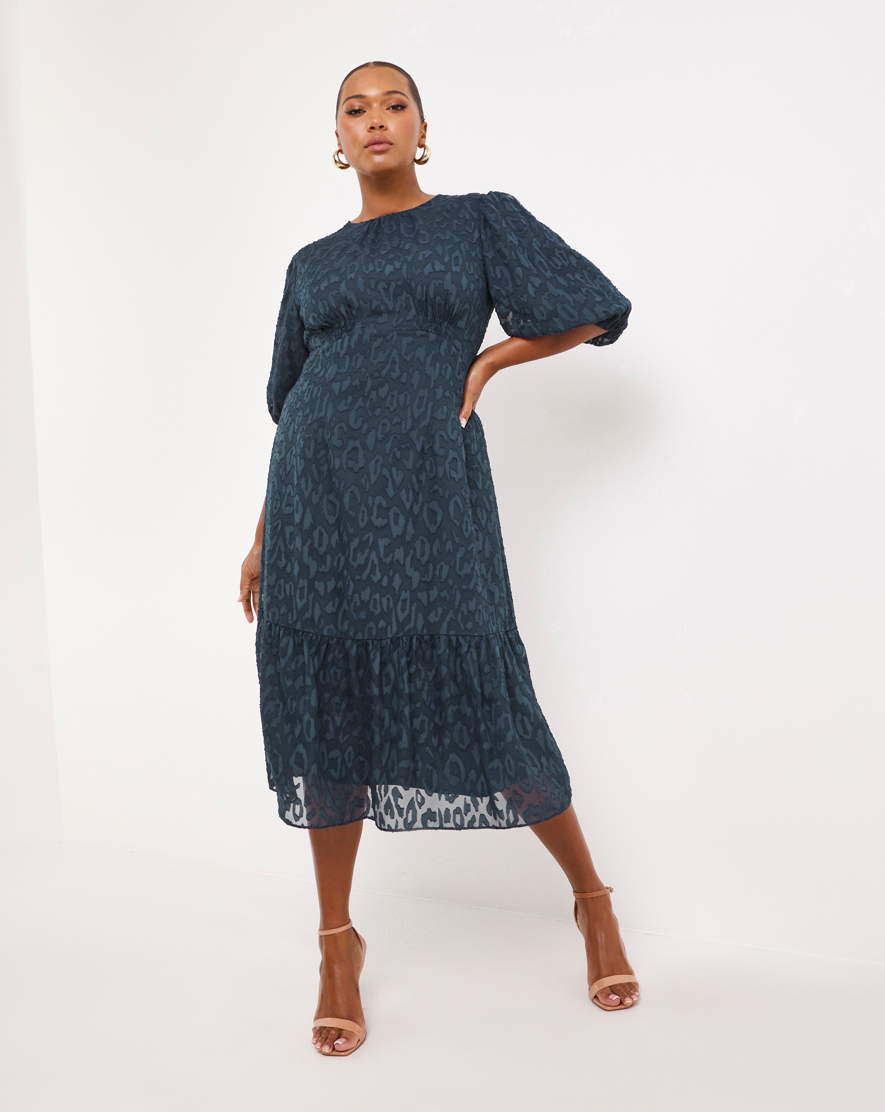 Joanna Hope Navy Burnout Bubble Sleeve Midi Dress Simply Be
