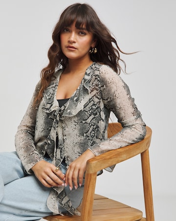 Snake Print Sheer Knot Front Ruffle Blouse