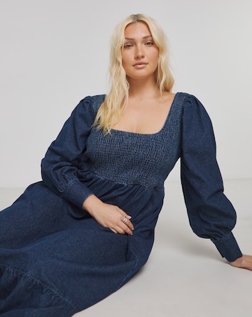 Dark Blue Denim Shirred Maxi Smock Dress