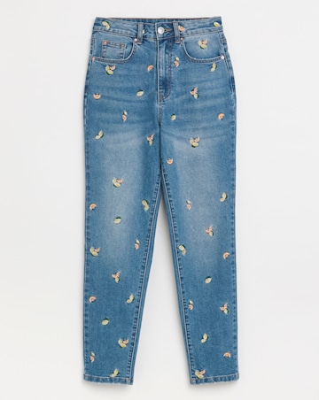 Mid Blue Fruit Embroidered Slim Mom Jeans
