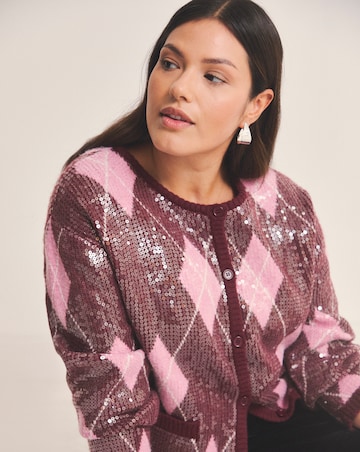 Simply Be Argyle Crew Neck Clear Sequin Cardigan